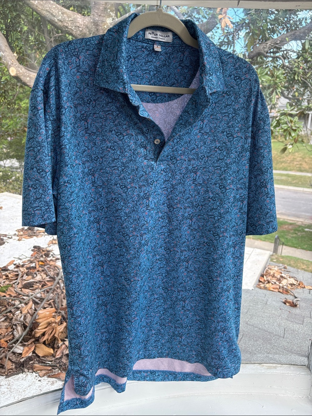 Peter Millar Teal-Blue Paisley Short-Sleeve Polo-Small